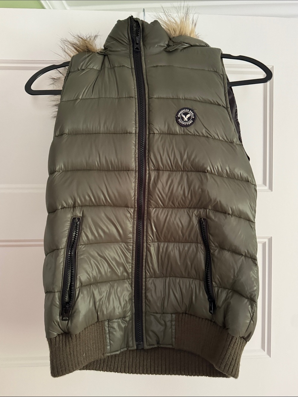 American Eagle Outfitters Olive Green Puffer Vest with Faux Fur Trim